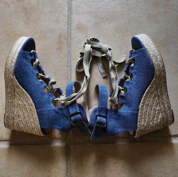 New Castaner Leather lace up Denim look platform Wedge Espadrille Sandals - Picture 5 of 11